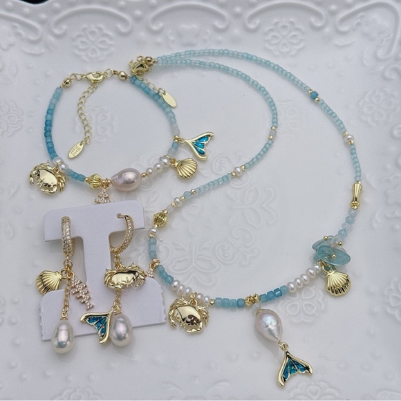 X262 Handmade Freshwater Baroque Pearl Aqua Marine Necklace 3Pcs Set